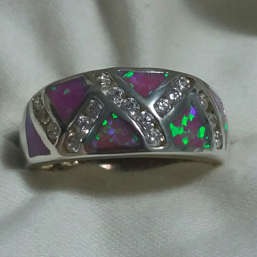 Opal and White Sapphire Ring, Sterling silver